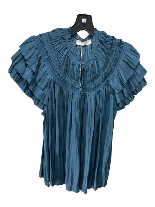Ulla Johnson Size Medium Blue Polyester Tiered Short Sleeve V Neck Top Blue / Medium