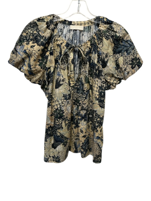 Ulla Johnson Size M / 8 Beige & Navy Blue Cotton & Viscose Abstract Print Top Beige & Navy Blue / M / 8