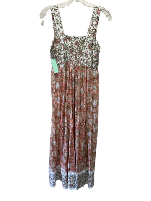 Naudic Size M White, Pink & Green Cotton Floral Wide Strap Lace Trim Maxi Dress White, Pink & Green / M