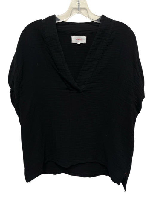 XiRENA Size S Black Cotton Crinkle Short Cuffed Sleeve V Neck Boxy Top Black / S