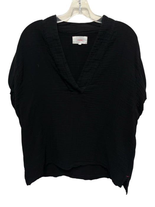 XiRENA Size S Black Cotton Crinkle Short Cuffed Sleeve V Neck Boxy Top Black / S