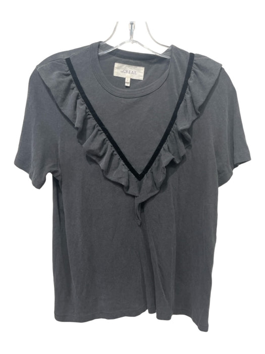 The Great Size 0 Gray & Black Cotton Round Neck Ruffle V Neck Short Sleeve Top Gray & Black / 0