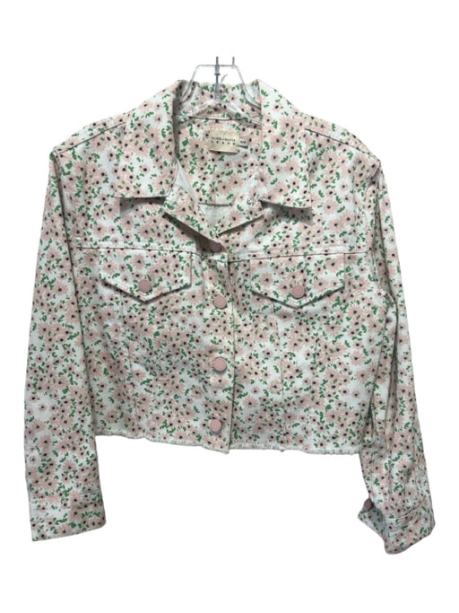 Alice + Olivia Jeans Size M White Pink Green Cotton Floral Raw Hem Crop Jacket White Pink Green / M