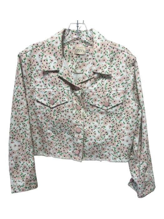 Alice + Olivia Jeans Size M White Pink Green Cotton Floral Raw Hem Crop Jacket White Pink Green / M