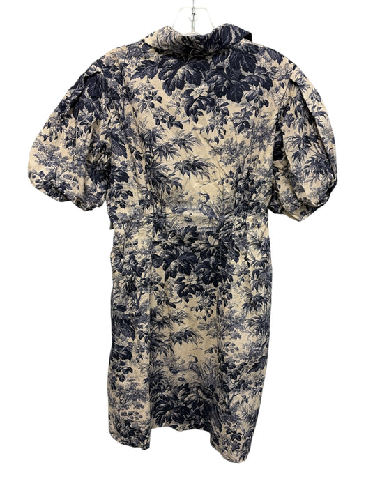 Tuckernuck Size M Blue & Cream Cotton Short Balloon Sleeve Palm Trees Dress Blue & Cream / M