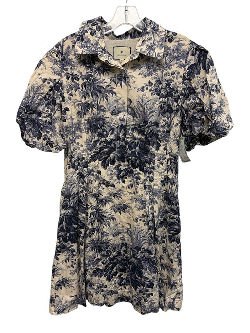 Tuckernuck Size M Blue & Cream Cotton Short Balloon Sleeve Palm Trees Dress Blue & Cream / M