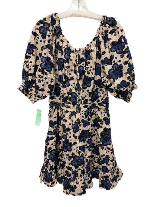Ulla Johnson Size 6 Blue, Peach & Cream Cotton Short Balloon Sleeve Floral Dress Blue, Peach & Cream / 6
