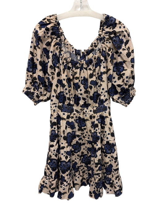 Ulla Johnson Size 6 Blue, Peach & Cream Cotton Short Balloon Sleeve Floral Dress Blue, Peach & Cream / 6