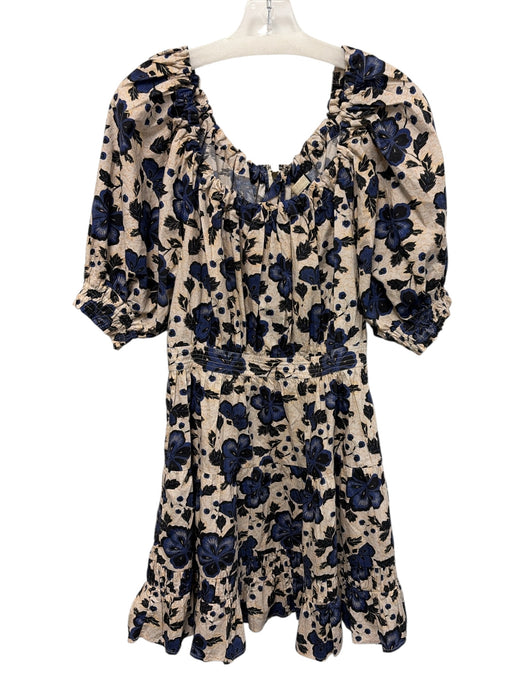 Ulla Johnson Size 6 Blue, Peach & Cream Cotton Short Balloon Sleeve Floral Dress Blue, Peach & Cream / 6