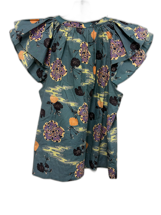 Ulla Johnson Size 2 Teal, Cream & Black Cotton Tiered Short Sleeve Floral Top Teal, Cream & Black / 2