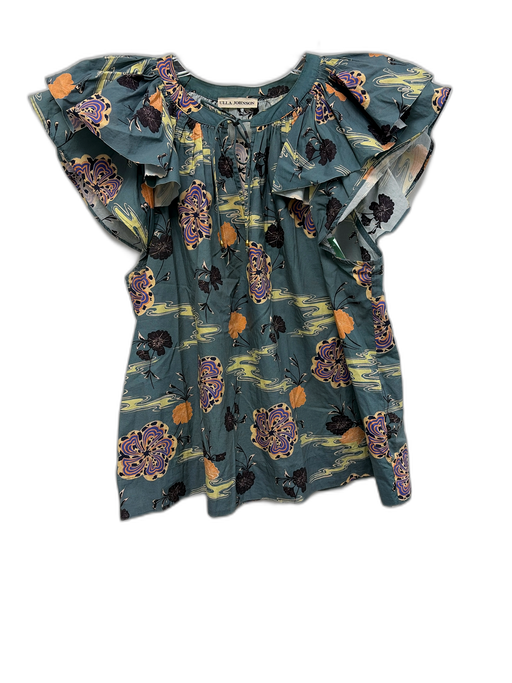 Ulla Johnson Size 2 Teal, Cream & Black Cotton Tiered Short Sleeve Floral Top Teal, Cream & Black / 2