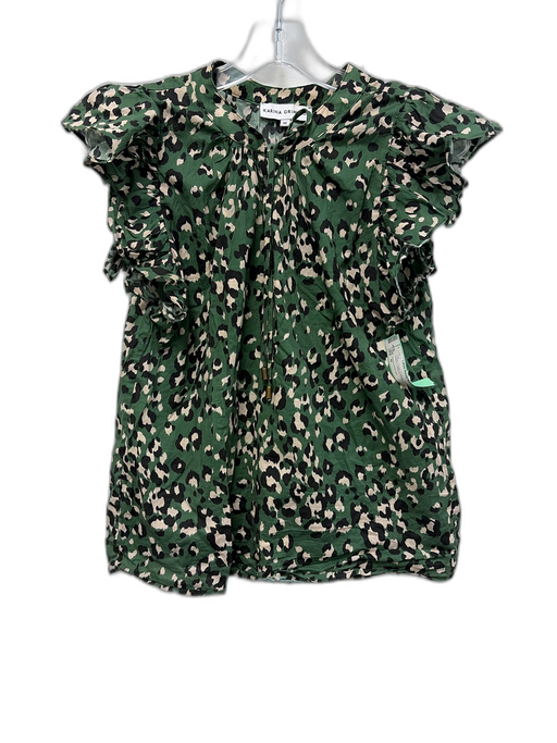Karina Grimaldi Size M Green, Cream & Black Cotton Ruffle Cap Sleeve Leopard Top Green, Cream & Black / M