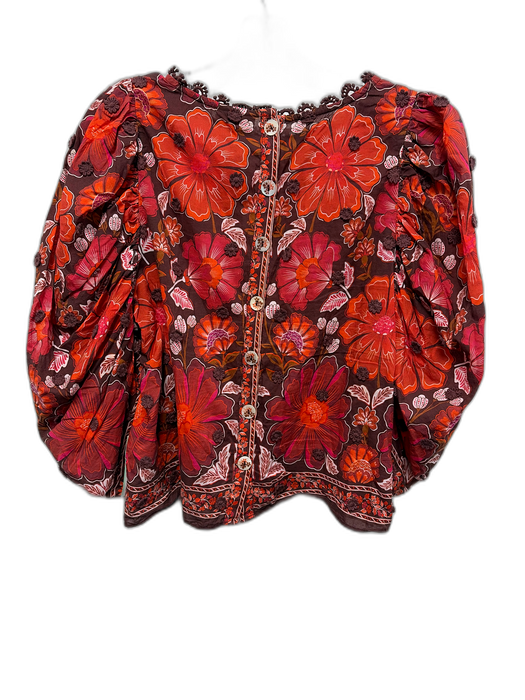 Farm Rio Size M Burgundy, Red & Orange Cotton 1/2 Balloon Sleeve Floral Top Burgundy, Red & Orange / M