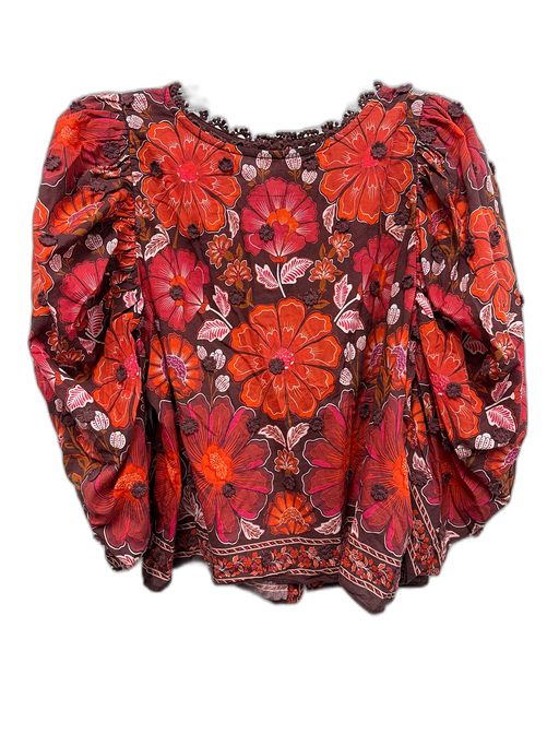 Farm Rio Size M Burgundy, Red & Orange Cotton 1/2 Balloon Sleeve Floral Top Burgundy, Red & Orange / M