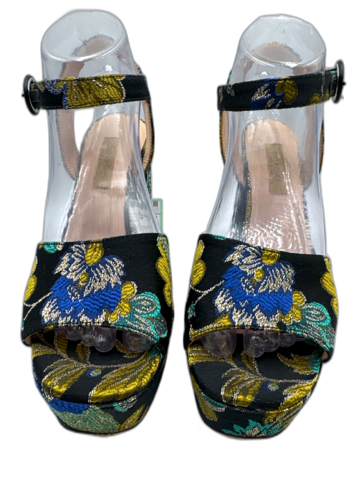 Dee Keller Shoe Size 38.5 Black, Blue & Yellow Brocade Gold Thread Sandals Black, Blue & Yellow / 38.5