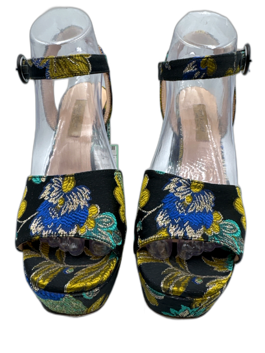 Dee Keller Shoe Size 38.5 Black, Blue & Yellow Brocade Gold Thread Sandals Black, Blue & Yellow / 38.5