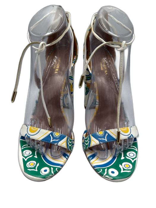 Aquazzura Shoe Size 39 White, Green & Multi Leather Round Toe Abstract Sandals White, Green & Multi / 39