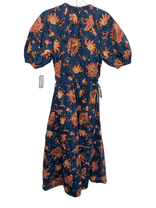 A.L.C. Size 6 Blue & Orange Cotton Short Sleeve Split V neckline Midi Dress Blue & Orange / 6