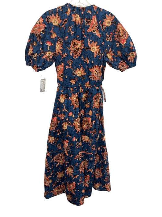 A.L.C. Size 6 Blue & Orange Cotton Short Sleeve Split V neckline Midi Dress Blue & Orange / 6