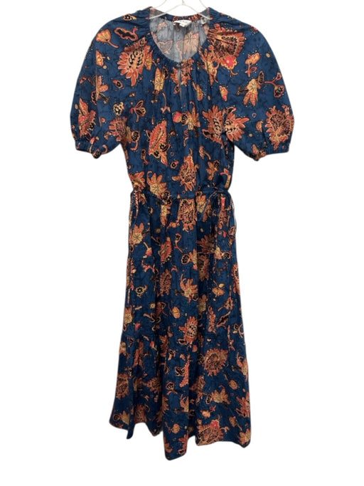 A.L.C. Size 6 Blue & Orange Cotton Short Sleeve Split V neckline Midi Dress Blue & Orange / 6