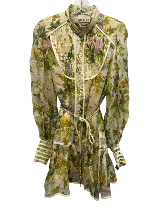 Alemais Size 8 Cream, Green, Multi Silk Blend Floral Sheer Overlay Dress Cream, Green, Multi / 8