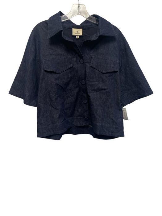 Tuckernuck Size Medium Dark Wash Cotton Blend Collared Short Sleeve Buttons Top Dark Wash / Medium