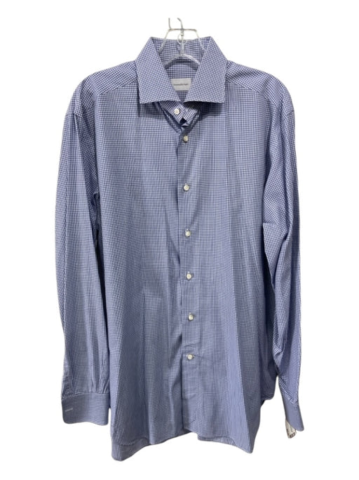 Zegna Size 16.5 Blue & White Cotton Blend Plaid Button Down Long Sleeve Shirt 16.5