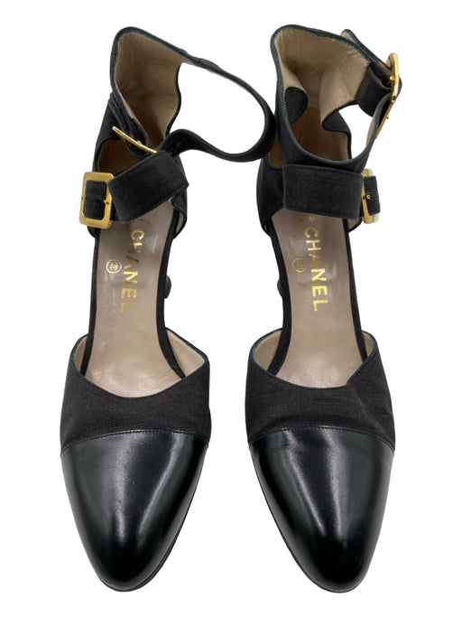 Chanel Shoe Size 38.5 Black Cloth Leather Almond Toe Double Strap Pumps Black / 38.5