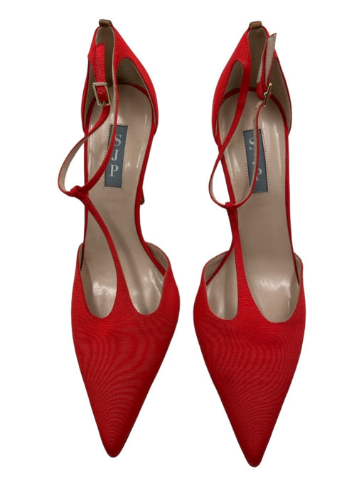 SJP Shoe Size 38 Red Cloth T Strap Textured Ankle Buckle Stiletto Pumps Red / 38