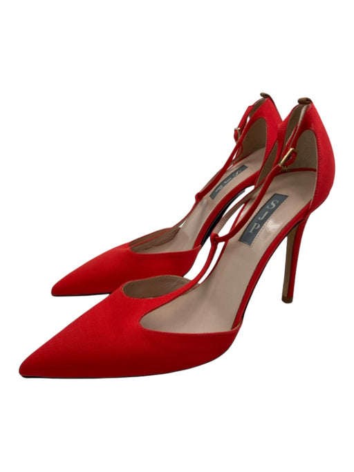 SJP Shoe Size 38 Red Cloth T Strap Textured Ankle Buckle Stiletto Pumps Red / 38