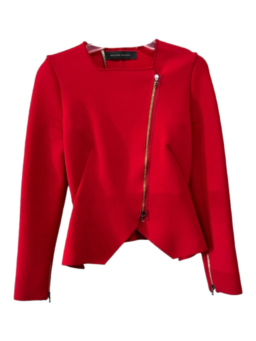 Roland Mouret Size 6 Red Viscose Blend Off Center Zip Square Neck Fitted Jacket Red / 6