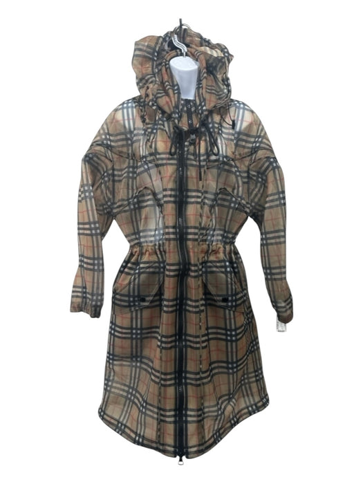 Burberry Size 4 Brown, Black & Red Polyester & Viscose Semi Sheer Hood Zip Coat Brown, Black & Red / 4