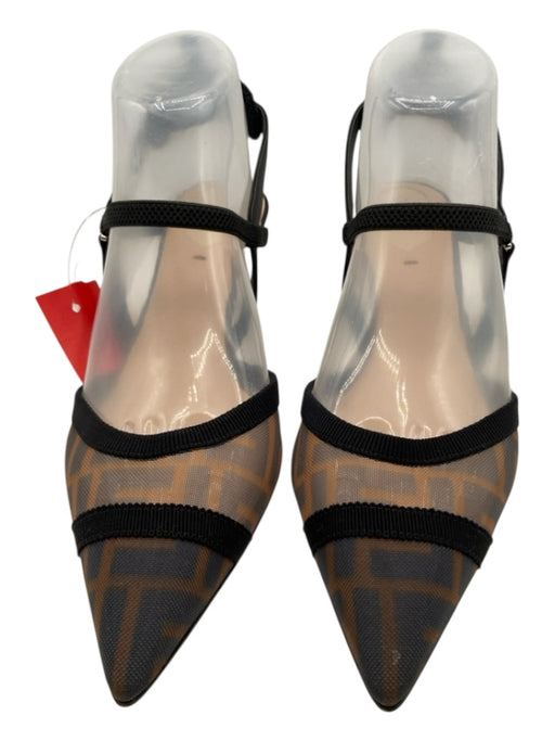 Fendi Shoe Size 38.5 Brown & Black Synthetic Logo Mesh Slingback Mules Brown & Black / 38.5