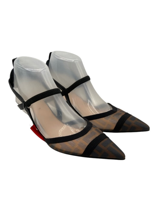 Fendi Shoe Size 38.5 Brown & Black Synthetic Logo Mesh Slingback Mules Brown & Black / 38.5