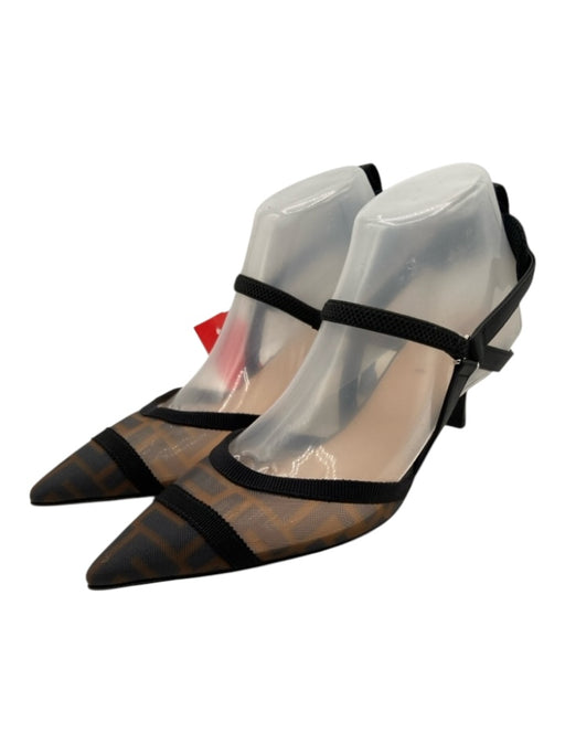 Fendi Shoe Size 38.5 Brown & Black Synthetic Logo Mesh Slingback Mules Brown & Black / 38.5