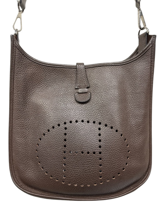 Hermes Chocolate Brown Pebble Leather Perforated Logo Snap Closure Dress Chocolate Brown