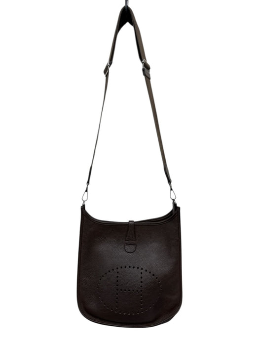 Hermes Chocolate Brown Pebble Leather Perforated Logo Snap Closure Dress Chocolate Brown