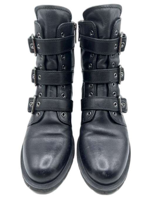 Prada Shoe Size 39 Black Leather Round Toe Straps Buckle Detail Combat Booties Black / 39