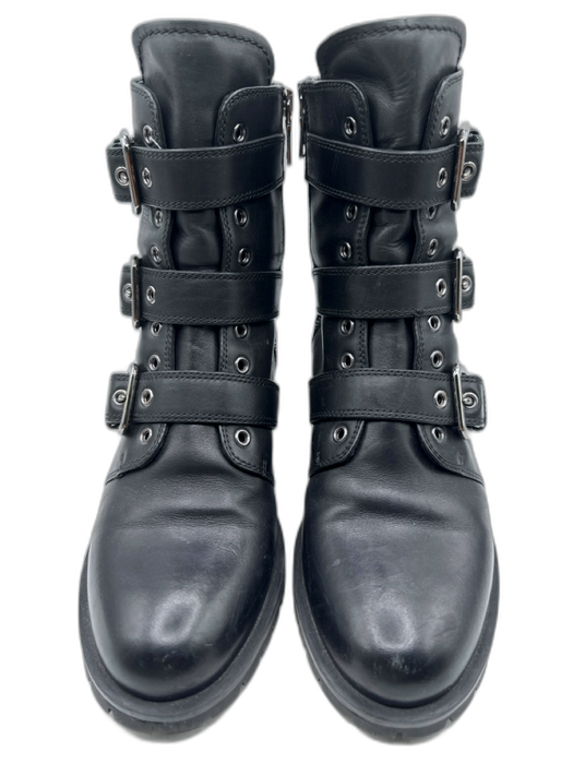 Prada Shoe Size 39 Black Leather Round Toe Straps Buckle Detail Combat Booties Black / 39