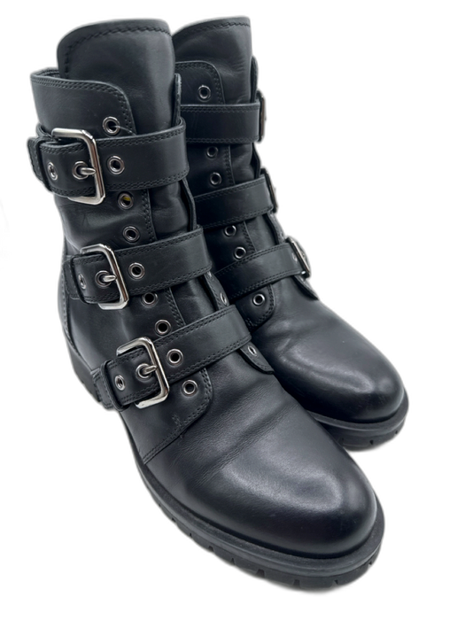 Prada Shoe Size 39 Black Leather Round Toe Straps Buckle Detail Combat Booties Black / 39
