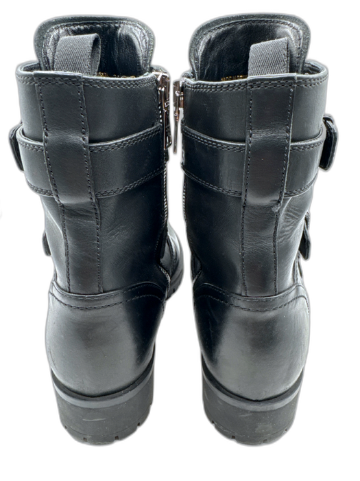 Prada Shoe Size 39 Black Leather Round Toe Straps Buckle Detail Combat Booties Black / 39
