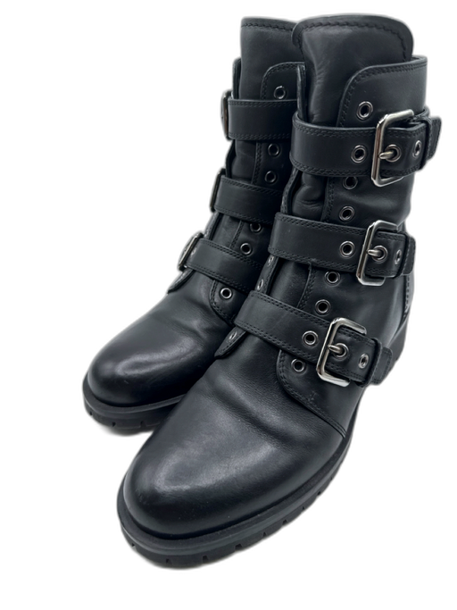 Prada Shoe Size 39 Black Leather Round Toe Straps Buckle Detail Combat Booties Black / 39