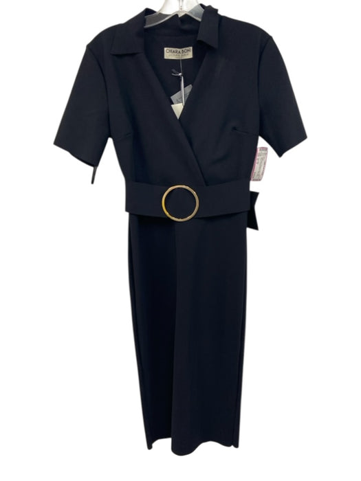 Chiara Boni Size 42 / M Black Polyamide Blend Short Sleeve Surplice Belted Dress Black / 42 / M