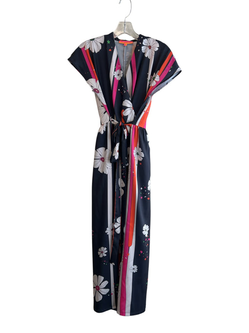 Vilagallo Size 38 Black, Pink & Multi Polyester V Neck Floral V Neck Dress Black, Pink & Multi / 38