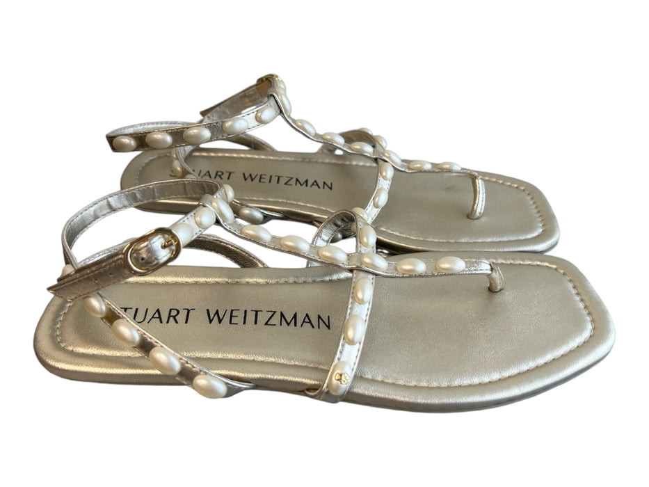 Stuart Weitzman Shoe Size 7.5 Gold Leather Faux Pearl Accent Square Toe Shoes Gold / 7.5