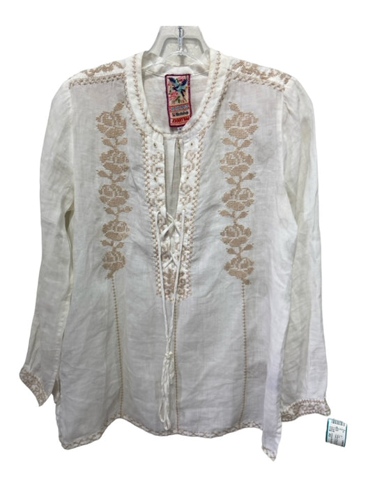 Johnny Was Workshop Size XS White & Beige Ramie Embroidered Detail Top White & Beige / XS