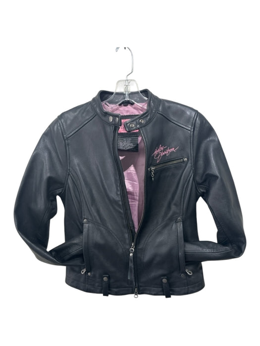 Harley Davidson Size XS Black & Pink Leather Mock Neck Zip Moto Jacket Black & Pink / XS