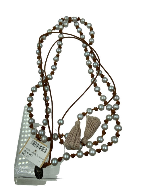 Chan Luu White & Brown Pearl Suede Station Beads Long Necklace White & Brown