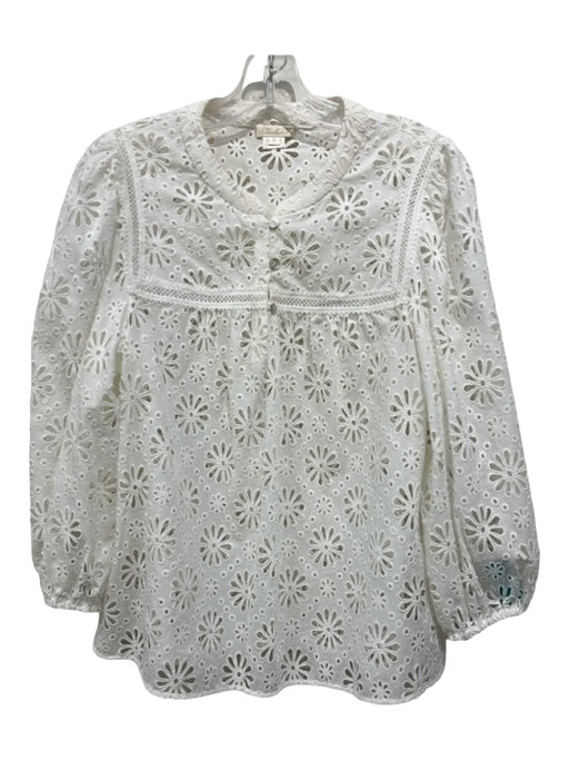 Shoshanna Size Small White Cotton Long Balloon Sleeve Eyelet 3 Button Blouse Top White / Small