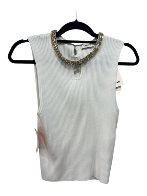 Sandro Size 3 White & Gold Viscose & Polyamide Sleeveless Ribbed Cut Out Top White & Gold / 3